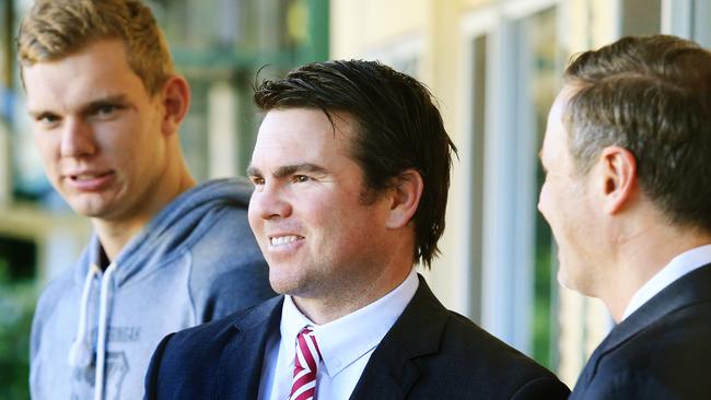 Jamie Lyon with Tom Trbojevic and Sea Eagles chairman Scott Penn at Narrabeen on Tuesday. Picture: Mark Evans.   esw  s efore a press conference at Manly HQ, Narrabeen, announcing that he won't play in Manly's last home game of the season at Brookvale. pic Mark Evans