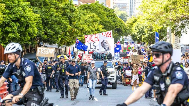 The Freedom Rally in the Brisbane CBD on Saturday. Picture: Richard Walker