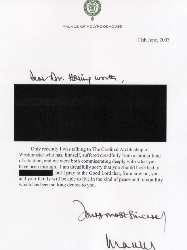 Then prince Charles’s letter to Peter Hollingworth with the redacted section. Picture: National Archives of Australia