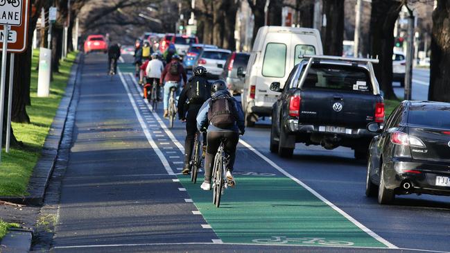 The rollout of protected bicycle lanes in central Melbourne has hit another hurdle. Picture Andrew Tauber
