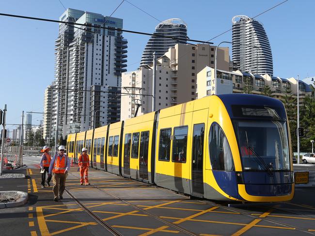 Trams arrive by light rail for the first time in Broadbeach today. Picture Glenn Hampson