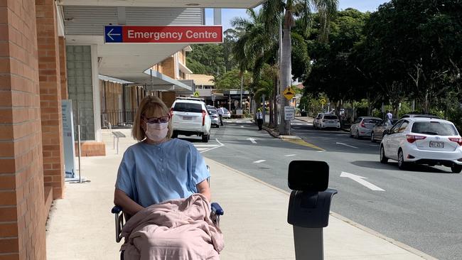 Medical robot, Temi, interacts with a patient outside Greenslopes Private Hospital Emergency Centre. Picture: Tobias Jurss-Lewis