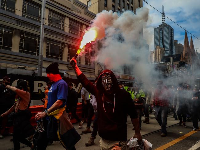 CFMEU protesters marching through Melbourne’s streets over Covid measures. Picture: Getty