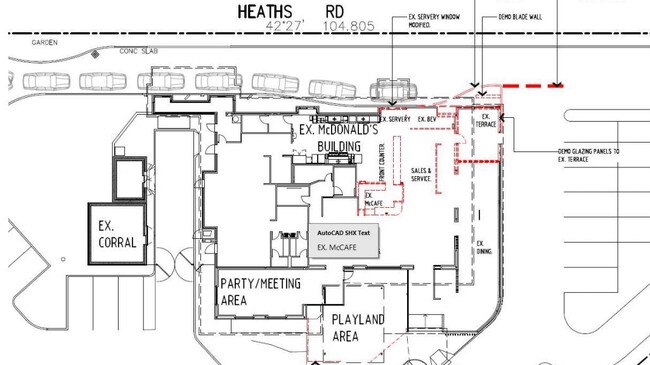 The existing floor plan of the Mount Pleasant McDonald's store. The red sections detail what will be demolished to make way for new additions. Picture: Urbis, submitted to Mackay Regional Council.