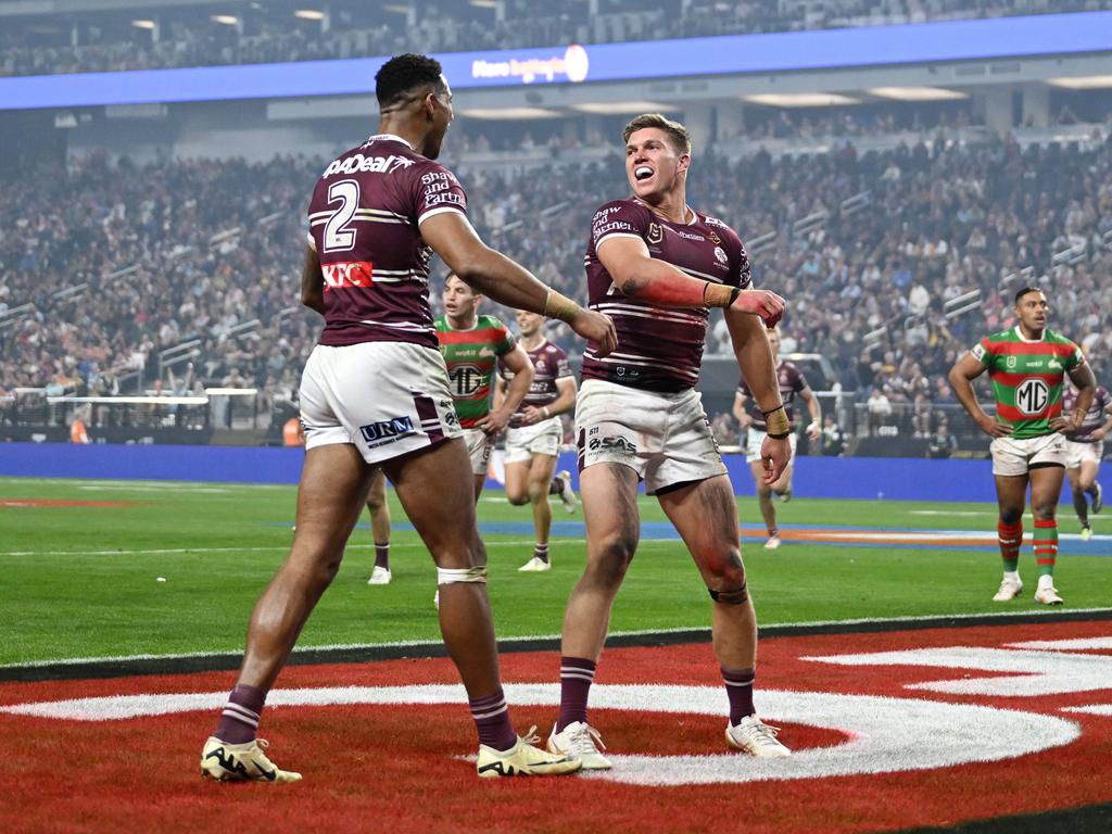 NRL 2024 RD01 Manly-Warringah Sea Eagles v South Sydney Rabbitohs - Reuben Garrick, try, celeb. Picture: NRL Photos