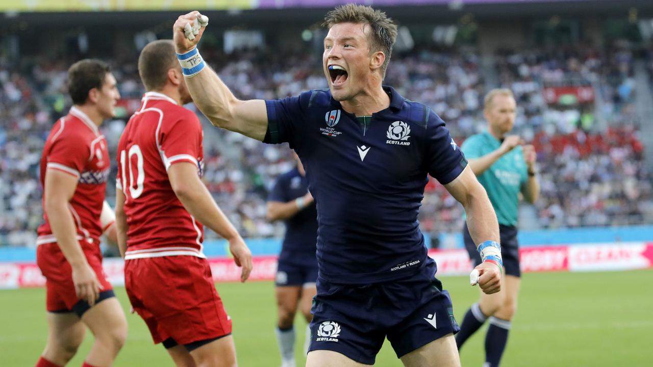 Scotland’s George Horne celebrates after scoring a try at the Rugby World Cup.
