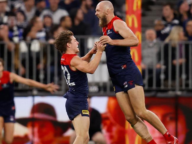 Demons captain Max Gawn celebrates a spectacular goal. (Photo by Michael Willson/AFL Photos via Getty Images)