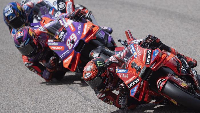 HOHENSTEIN-ERNSTTHAL, GERMANY - JULY 06: Francesco Bagnaia of Italy and Ducati Lenovo Team leads the field during the MotoGP Of Germany - Sprint at Sachsenring Circuit on July 06, 2024 in Hohenstein-Ernstthal, Germany. (Photo by Mirco Lazzari gp/Getty Images)