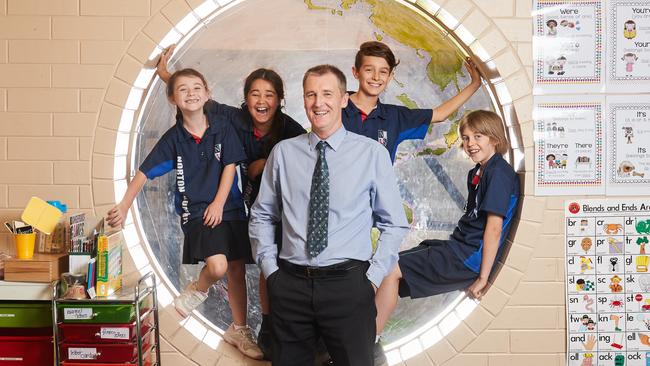 Piper, Ila, Isaac and Jack in a flexible learning space at Norton Summit Primary School with principal Bill Lewis. Picture: Matt Loxton