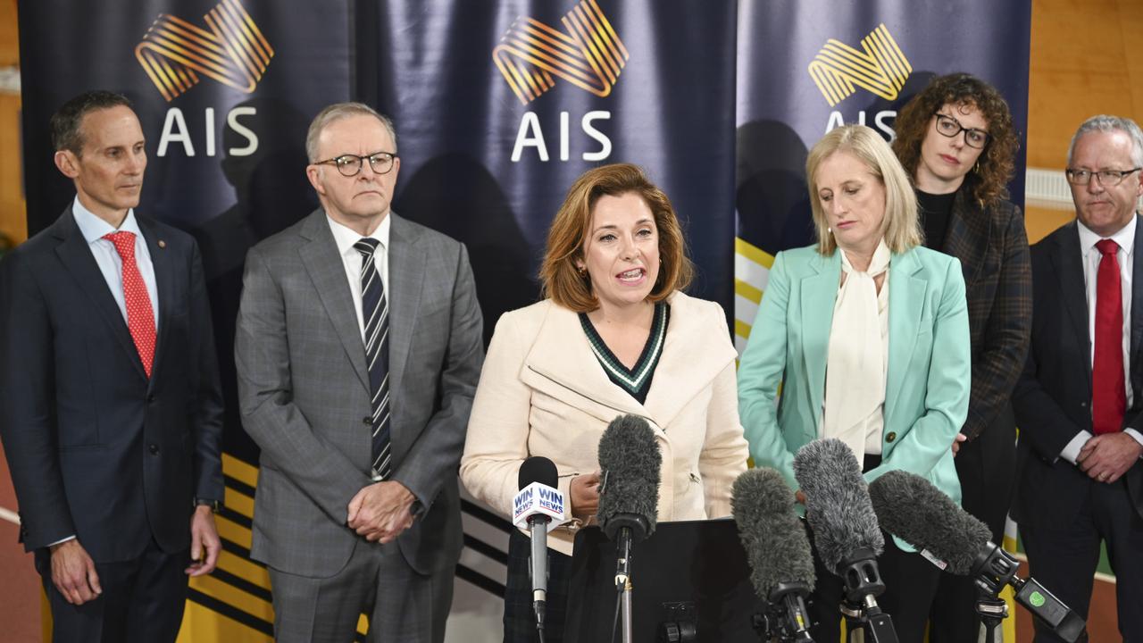 Sport Minister Anika Wells, centre, says successful sporting diplomacy has innovation, tourism and services benefits. Picture: NewsWire / Martin Ollman