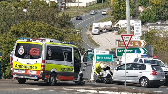 Emergency crews attend a nasty crash involving two cars near Normanby Bridge on Sunday afternoon.