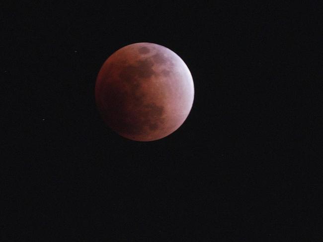 The lunar eclipse is seen over Tokyo. Picture: AP/Eugene Hoshiko