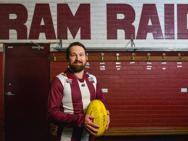 Former Crows player Chris Ladhams in the Nairne Football Club changing rooms. AAP Image/Brenton Edwards