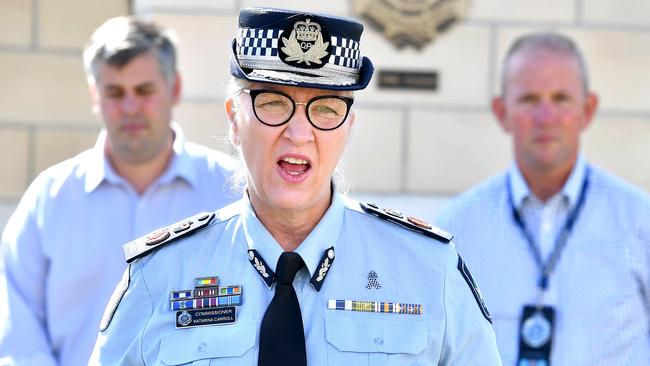 Queensland Police Commissioner Carroll in Caboolture on Sunday with Police Minister Mark Ryan and police union boss Ian Leavers. Picture: John Gass