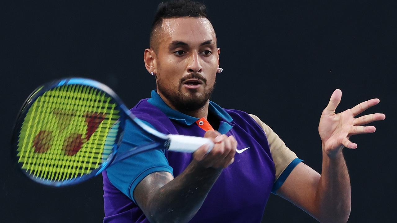 Nick Kyrgios plays a forehand against fellow Australian Harry Bourchier.