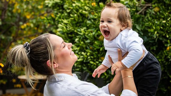 Juanita Flourentzou with with her two son Marco (11mo) at their Netley home. Picture: Tom Huntley