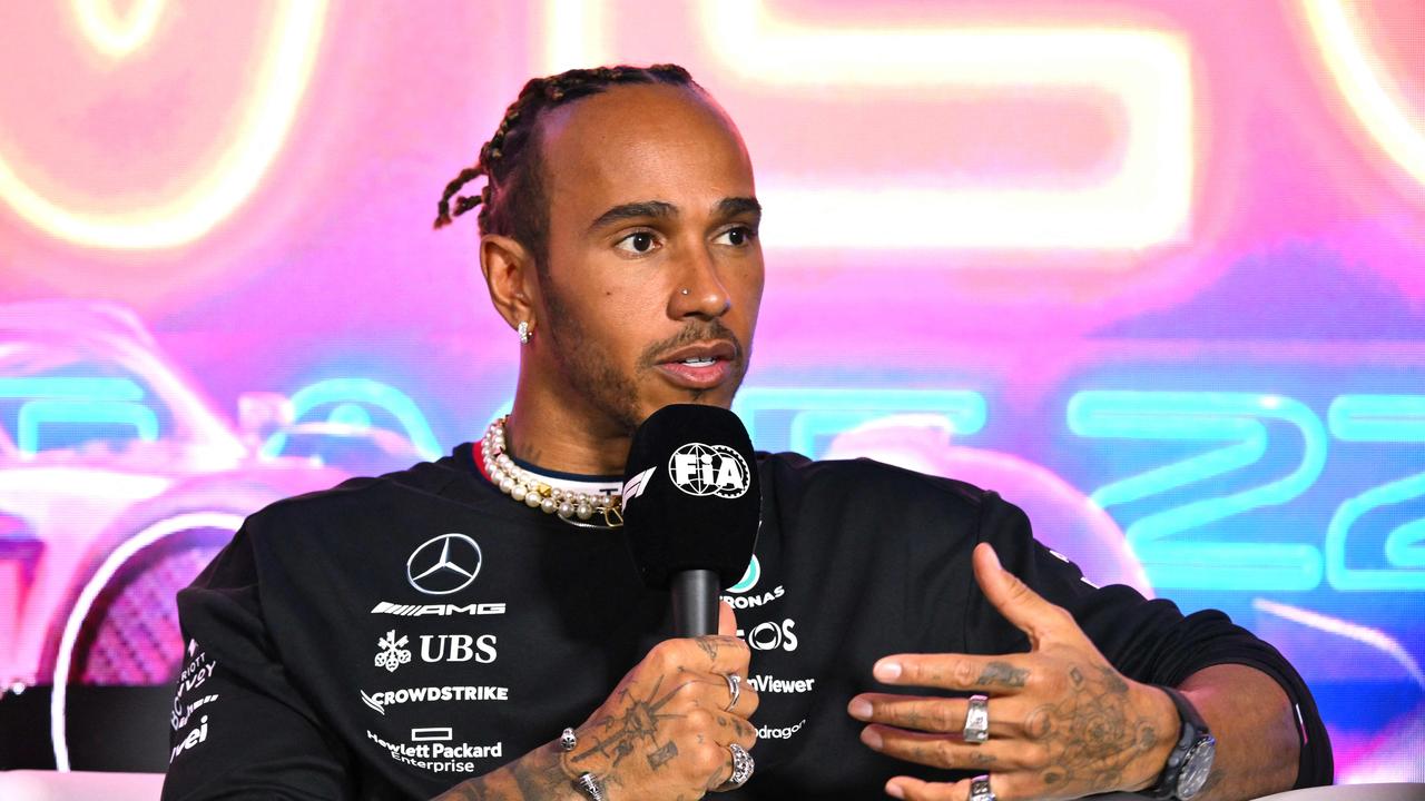 Lewis Hamilton speaks during a press conference ahead of the Las Vegas Grand Prix. Photo by ANGELA WEISS / AFP.