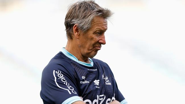 SYDNEY, AUSTRALIA - OCTOBER 05: Storm head coach Craig Bellamy looks on during the Melbourne Storm captain's run at Accor Stadium, on October 05, 2024, in Sydney, Australia. (Photo by Cameron Spencer/Getty Images)