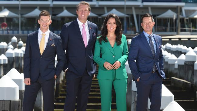 Channel 7 cricket commentator team in Melbourne: Tim Paine, Glenn McGrath, Mel McLaughlin, Ricky Ponting. Picture: Tony Gough