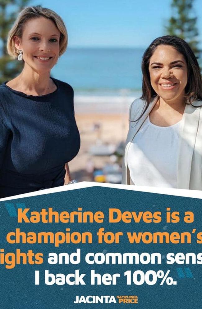 CLP Senate candidate Jacinta Price (right) has come out in support of Katherine Deves. Picture: Facebook