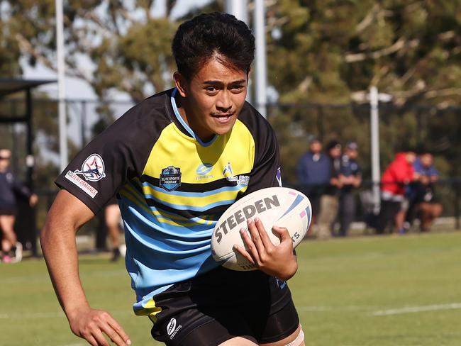 MELBOURNE. 11/05/2023.  Schoolboys Rugby League at Seabrook Reserve, Broadmeadows .  Mt Ridley v The Grange. Mt Ridleys Kyu Fiaui heads to the try line   .Pic: Michael Klein