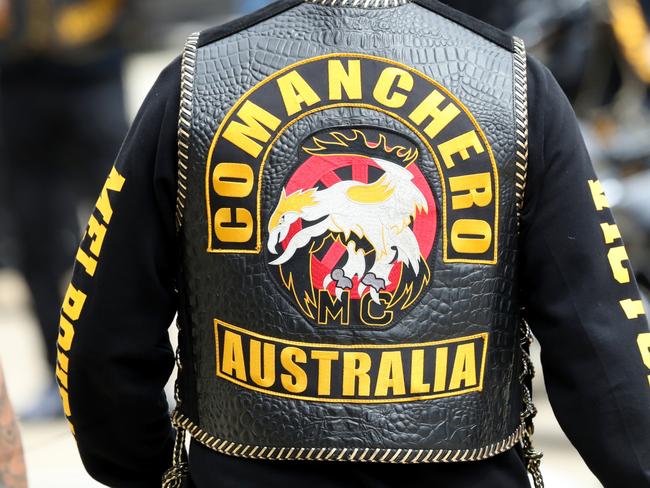 MELBOURNE, AUSTRALIA - NewsWire Photos, JANUARY 29, 2022.  Comanchero watched by police leave for their OMCG run between Hallam and Truganina. Saturday, January 29, 2021. Logo, Jacket, Generic. Picture: NCA NewsWire / David Crosling