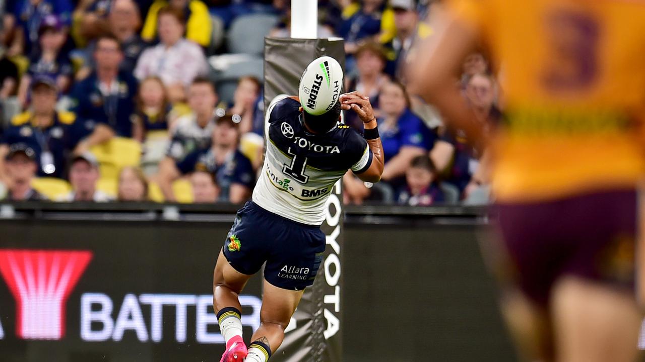 Valentine Holmes drops a high ball in his Cowboys debut.