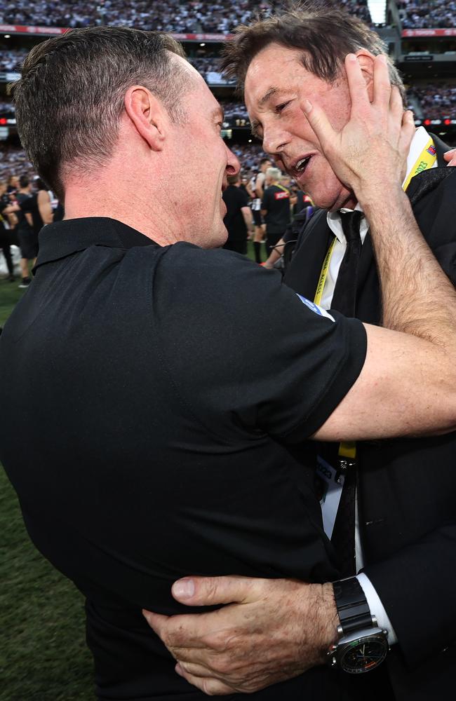 President Jeff Browne hugs Craig Macrae after the 2023 grand final. Picture: Michael Klein