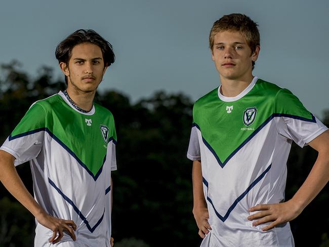 Helensvale and Palm Beach Currumbin will go head to head in the Queensland Schools Premier League semi finals on Thursday. Palm Beach Currumbin  players, Enzo Edge, 17, Elijah Hughes, 16 and Helensvale players,  Ariss Laghai, 16 and  Noah Davies, 15.  Picture: Jerad Williams