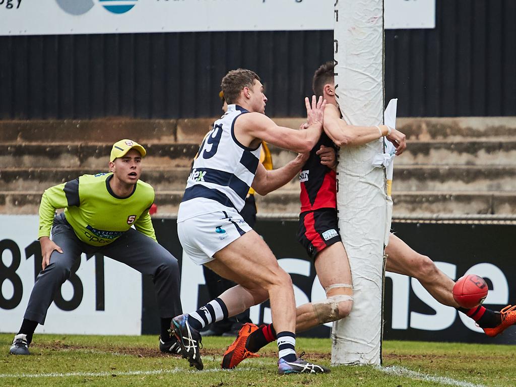 South's Alex Cailotto tackling West's Patrick Levicki at Richmond Oval, in the match between the Bloods and Panthers, Sunday, June 30, 2019. Picture: MATT LOXTON