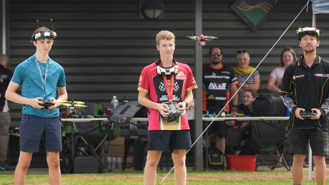 Top drone racers and Australian Defence Force cadets Darcy Rose’Meyer, 15, of Happy Valley, Angus Porter, 15, of Warradale, and Kris Mallise, 31, of Moonta Bay. Picture: Dean Martin