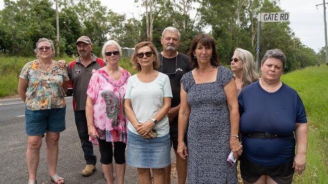 Residents congregated on Gate Rd and Tin Can Bay Road to express their ongoing concerns of the 10km stretch between Kin Kin Rd and Wilsons Pocket Rd. Pictured are Philippa Star, Tirtzah Townsend, Marian Dunchue, Nigel Dunchue, Bronwyn Evans, Lee Garrels, Loretta Mills, Mr Townsend and Robert Sawtell.