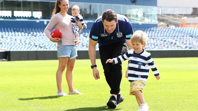 Geelong star Patrick Dangerfield, pictured with his wife Mardi and kids Felicity and George, has raised concerns about quarantine hubs.