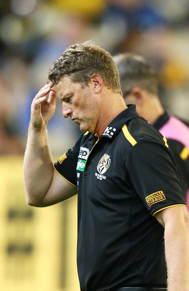 Tigers coach Damien Hardwick leaves the field. Picture: Getty