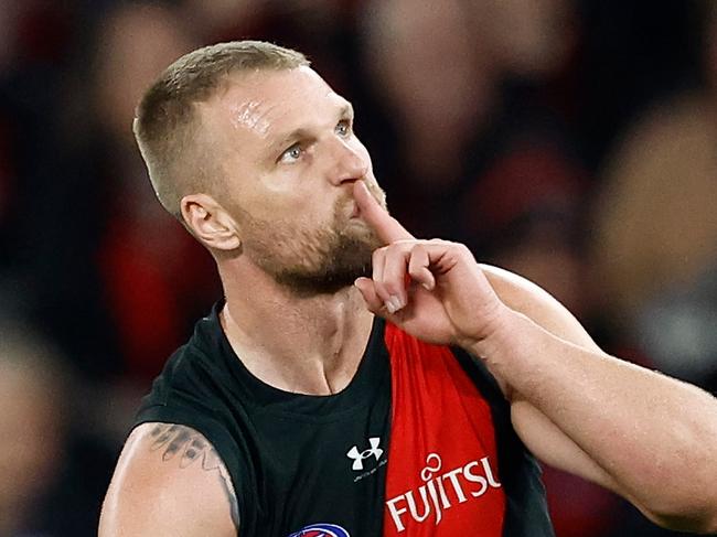 MELBOURNE, AUSTRALIA - JUNE 23: Jake Stringer of the Bombers celebrates a goal during the 2024 AFL Round 15 match between the Essendon Bombers and the West Coast Eagles at Marvel Stadium on June 23, 2024 in Melbourne, Australia. (Photo by Michael Willson/AFL Photos via Getty Images)