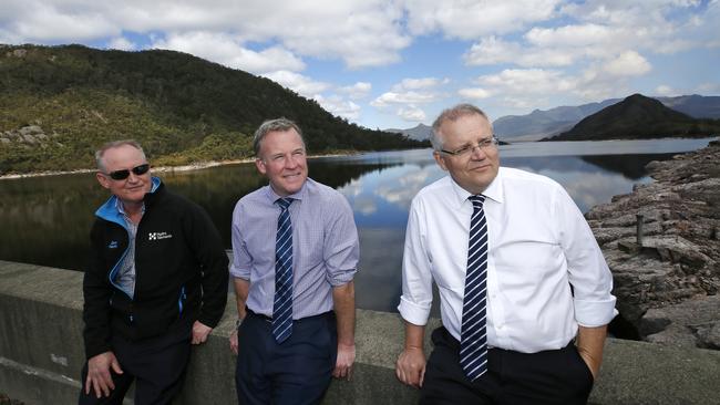 Hydro Tasmania CEO Stephen Davy, Tasmanian Premier Will Hodgman and Prime Minister Scott Morrison at Lake Plimsoll on the West Coast of Tasmania. Picture: CHRIS KIDD