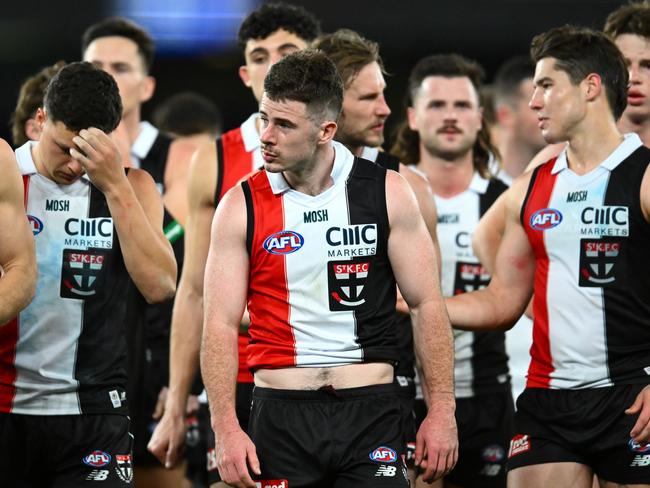 MELBOURNE, AUSTRALIA - JUNE 23: Jack Higgins and his Saints team mates look dejected after losing the round 14 AFL match between St Kilda Saints and Brisbane Lions at Marvel Stadium, on June 23, 2023, in Melbourne, Australia. (Photo by Quinn Rooney/Getty Images)