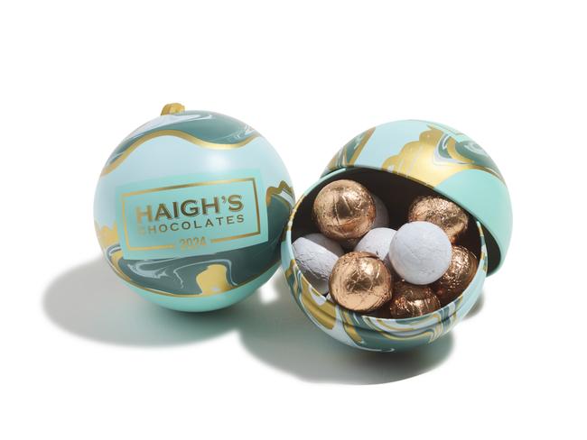 Haigh’s Dark Chocolate Bauble gift tin, $19.50.