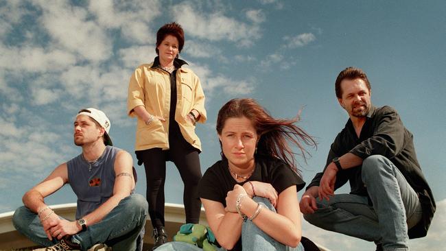 Kasey Chambers, front, with members of Dead Ringer Band - brother Nash, mother Dianne and father Bill in 1997.