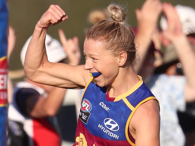 Kate McCarthy of the Lions celebrates her goal with Shaleise Law during the AFLW womens match between the Brisbane Lions and Collingwood Magpies. Pic Darren England