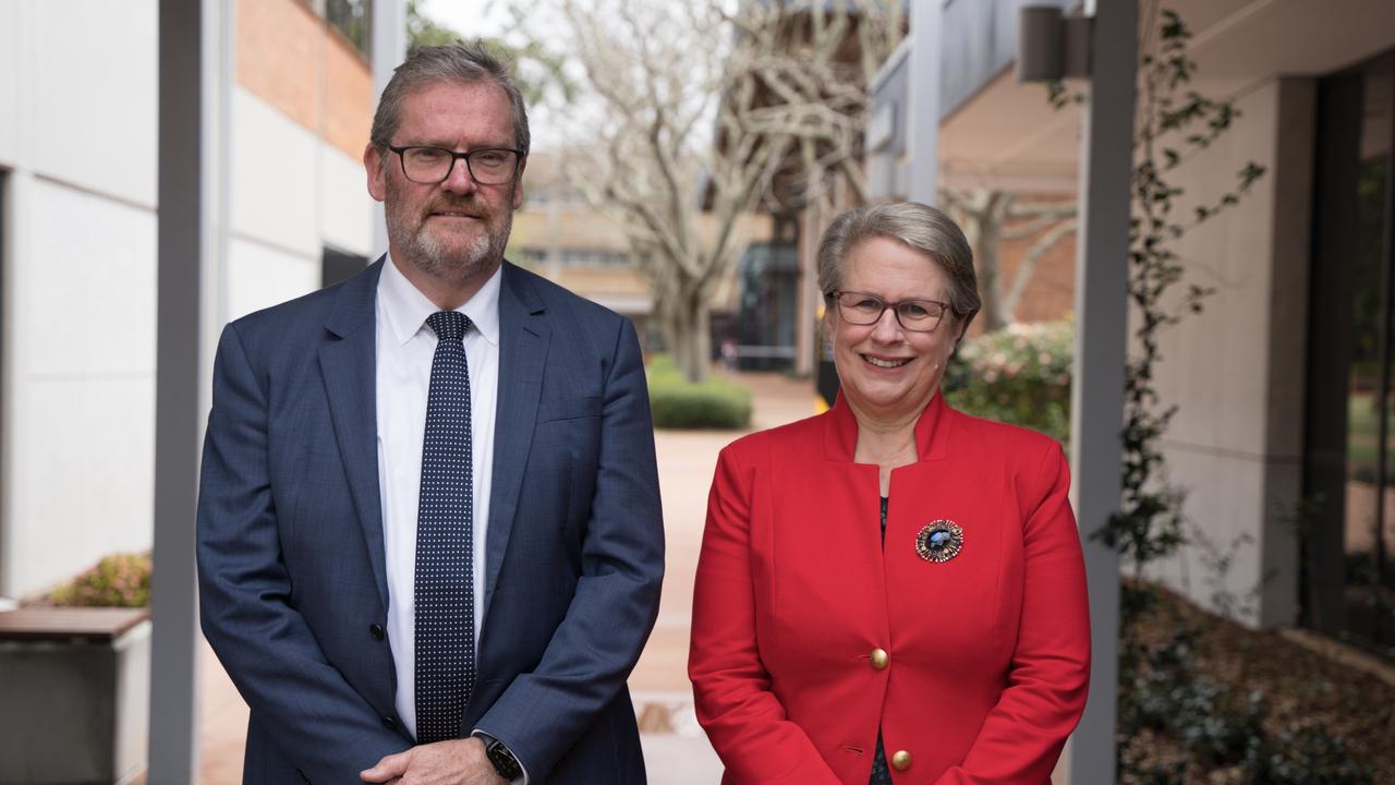 University of Southern Queensland's new Chancellor John McVeigh and Vice Chancellor Geraldine Mackenzie at UniSQ as they announce the new Chancellor. Tuesday, August 20, 2024. Picture: Christine Schindler