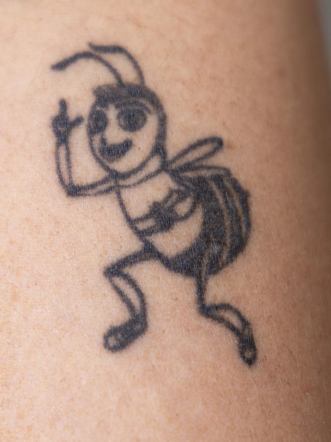 Lexi Dignam’s tattooed tribute to the Bee Movie. Picture: Kelly Barnes