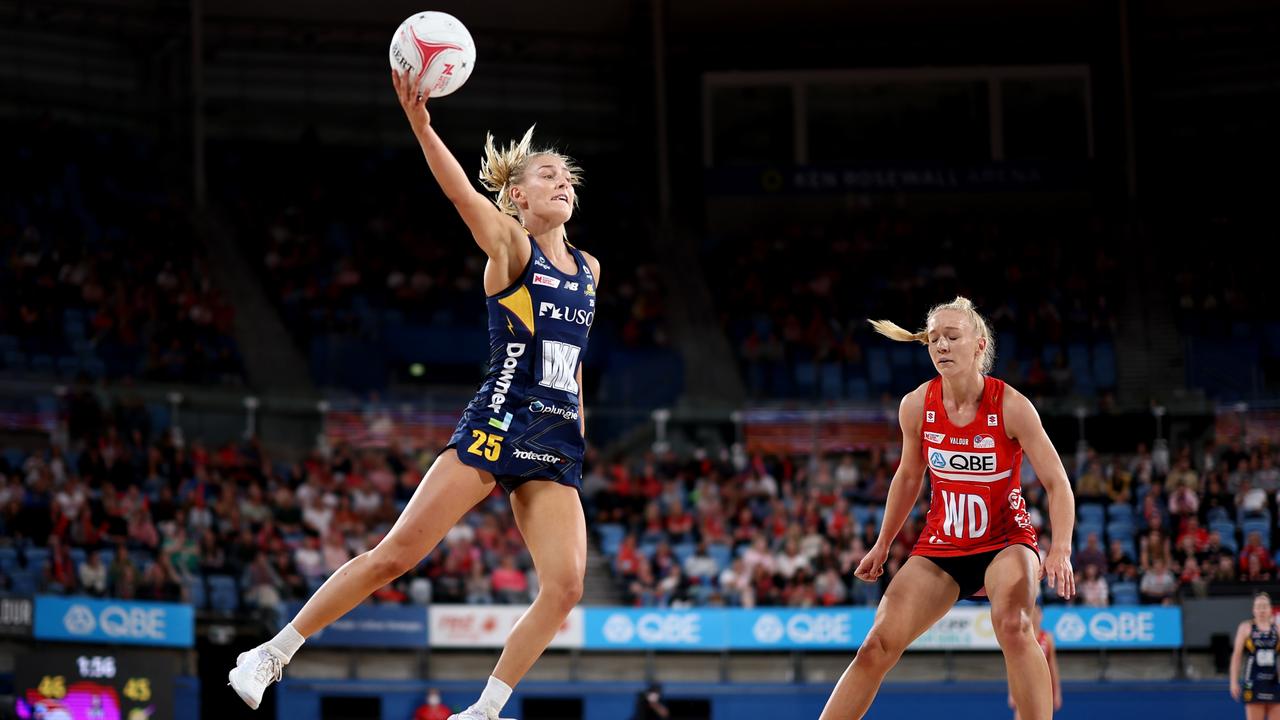 SYDNEY, AUSTRALIA - APRIL 23: Annie Miller of the Lightning catches the ball during the round six Super Netball match between NSW Swifts and Sunshine Coast Lightning at Ken Rosewall Arena, on April 23, 2022, in Sydney, Australia. (Photo by Matt King/Getty Images)