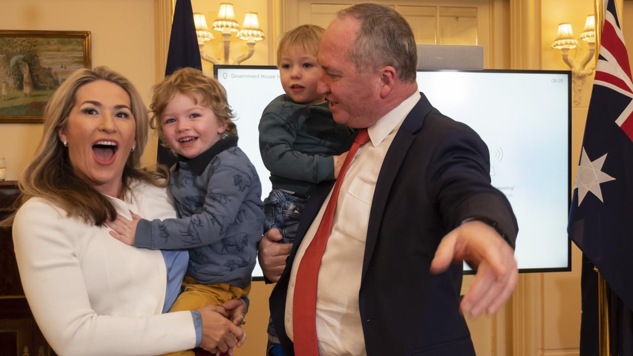 Barnaby Joyce and his partner, Vikki Campion, and children attend at the swearing-in ceremony at Government House, Canberra. Picture: NCA NewsWire/Martin Ollman