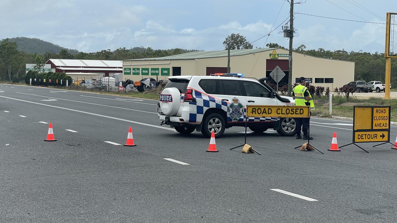 Police have set up a 5km exclusion zone around a truck crash and chemical spill on the Bruce Highway, near Bloomsbury north of Mackay. Picture: Fergus Gregg