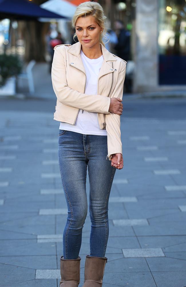The actor and singer’s first outfit was a plain tee layered with a leather jacket with a pair of skinny jeans and ugg boots for the chilly weather. Picture: Danny Aarons