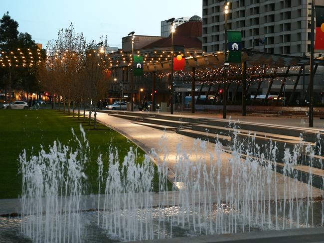 A near-deserted Victoria Square, fifteen minutes before the 6pm lockdown on Tuesday evening. Picture Mark Brake.