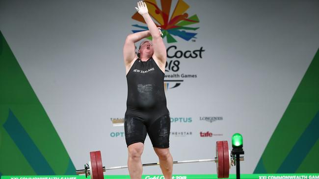 Laurel Hubbard of New Zealand after hurting her elbow. Picture: Scott Barbour/Getty Images