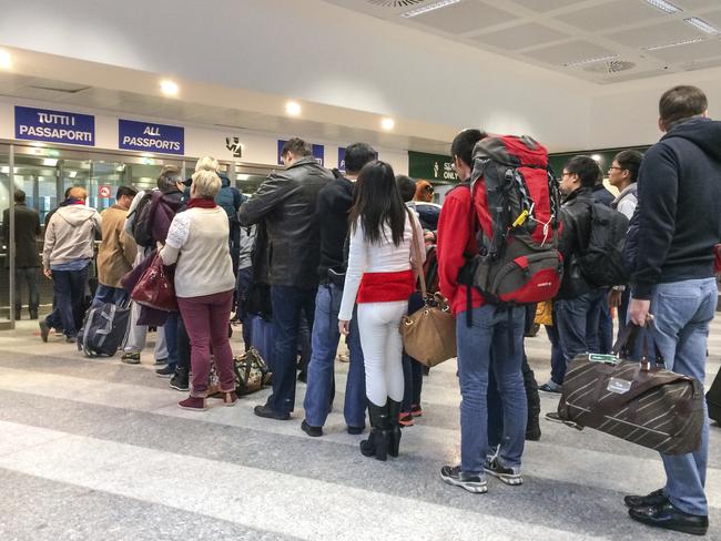 Passport control in Malpensa Airport, Milan, Italy. Apparently the ETIAS process will take less time than the average border control queue – but it’s advised to get it sorted a long time before you reach this point.