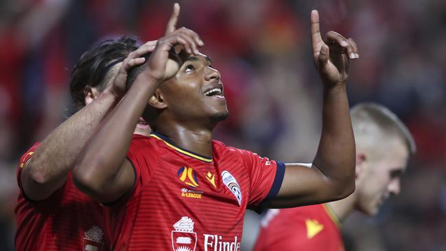 Michael Maria celebrates his first Adelaide United goal against Melbourne Victory last November. Picture: Sarah Reed